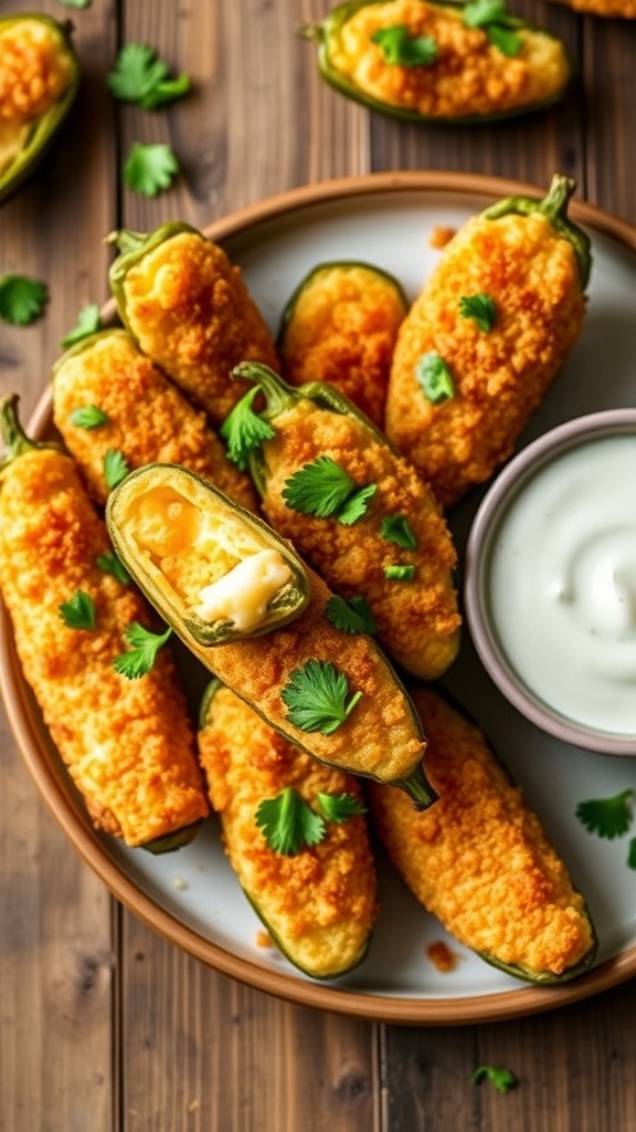 Crispy air fryer jalapeño poppers on a plate, with cheese filling and a side of ranch sauce.